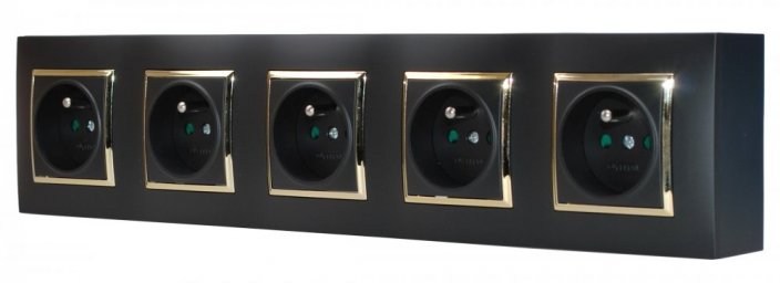 Nástenný zásuvkový blok, 5x 250V/16A, čiernej farby so zlatým lesklým ozdobným rámom