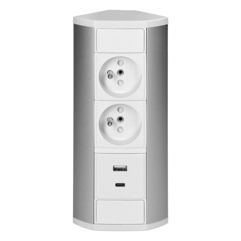 Rohový zásuvkový blok, 2x zásuvka 230V + 2x USB nabíječka A+C 5V, bílo-stříbrná barva