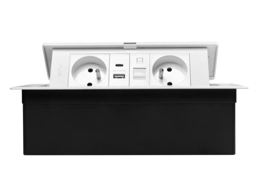 Výklopná zásuvka MULTISOFT, 2x 230V,  USB A/C nabíječka, RJ45, barva bílá, kabel o délce 1.5m