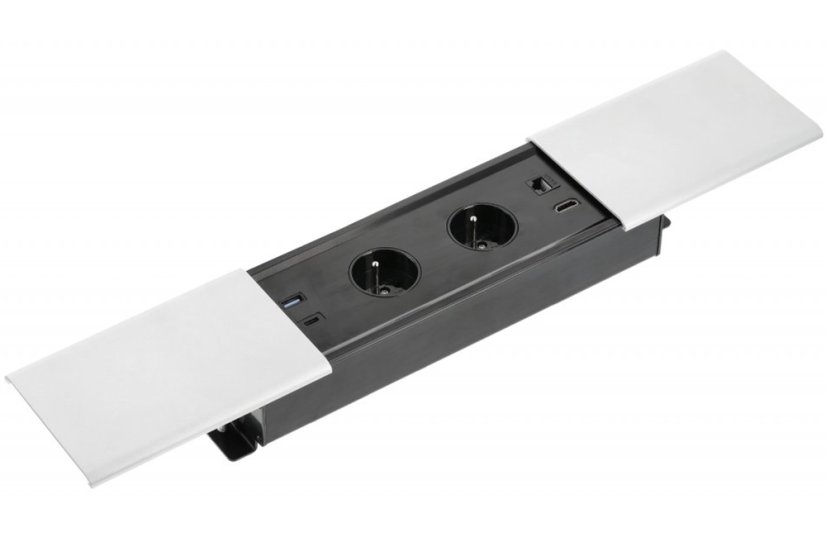 Zásuvkový blok PRESTINO s posuvným víkem, 2x zásuvka,  2x USB A/C , 1x HDMI 2.0, 1x RJ45 cat.6, kabel 1.5m, barva bílá