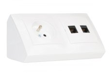 Rohová zásuvka 1x 250V / 16A + 2x port RJ45, cat.6 (čierné, bez krytiek proti prachu), farba biela lesklá, bez kábla