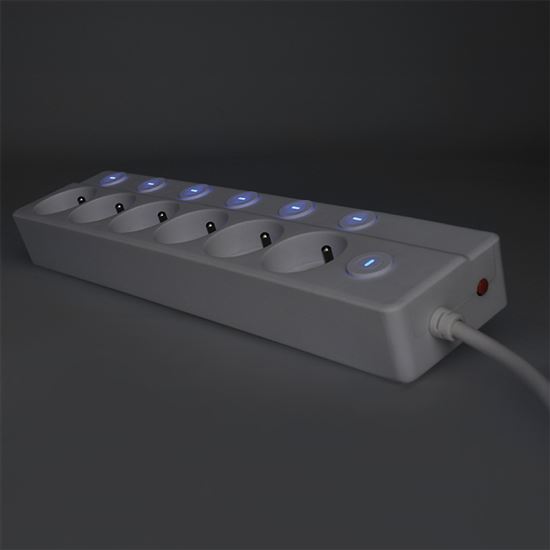 Prodlužovací přívod s vypínači, 6x zásuvka 230V, kabel 2m, barva bílá