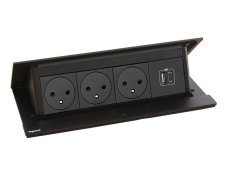 Pop-up blok INCARA 3x zásuvka 250V surface, 1x USB A+C nabíjačka 15W + montážny rám, farba čierna, kábel 2m