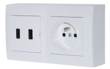 Zásuvkový blok nástenný 1x 250V / 16A + 2x USB nabíjačka, farba biela lesklá, bez kábla