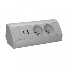 Rohový zásuvkový blok, 2x zásuvka 230V + 2x USB nabíječka A+C 5V, šedo-stříbrná barva