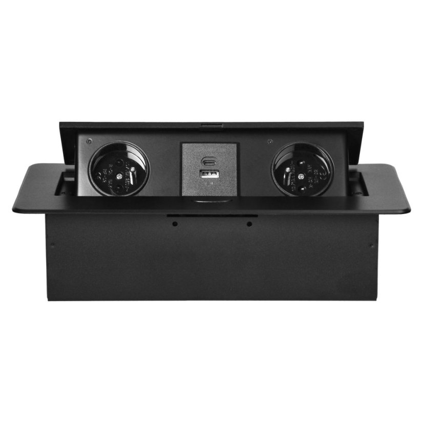 Výklopný zásuvkový blok s frézovaným krytom, 2x zásuvka 230V, 2x USB A + C nabíjačka 5V / 3,6A, bez kábla, farba čierna