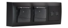Zásuvkový blok nástenný 2x 250V/16A, 2x RJ45 cat.6, krytky proti prachu, bez kábla, farba čierna matná