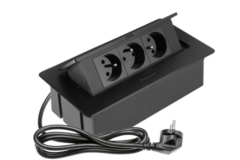 Výklopná zásuvka zapuštěná, 3x 230V (zásuvky 90°), barva černá, kabel o délce 1.5m