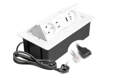 Výklopná zásuvka MULTISOFT, 2x 230V,  USB A/C nabíječka, RJ45, HDMI, barva bílá, kabel o délce 1.5m