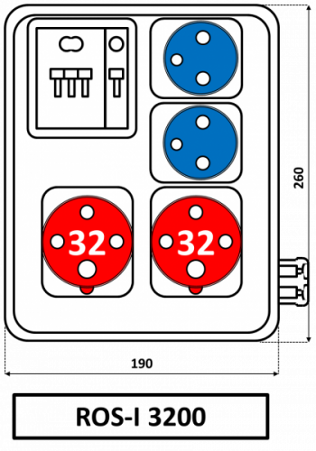 Zásuvková kombinace 2x400V/32A (4 pól.) + 2x250V/16A s jističi B16/1 + C32/3, IP44