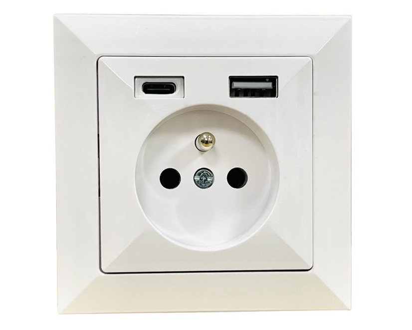 Zásuvka v rámečku, 1× 230 V / 16 A s USB A+C nabíječkou, série Pearl, pod omítku, barva bílá