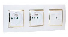 Zásuvky 2x 250V/16A + 2x RJ45 cat.6 v rámečku pod omítku, bílé barvy se zlatým lesklým ozdobným rámem