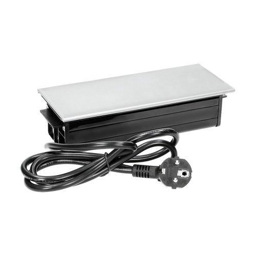 Zásuvkový blok do pracovní desky s posuvným víkem, 3x zásuvka,kabel 1.5m, černo - stříbrná barva