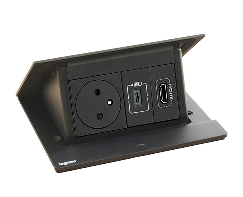 Pop-up blok INCARA 1x zásuvka 250V surface, 1x nabíječka USB-C, 1x HDMI 2.0 + montážní rám, barva černá, kabel 2m