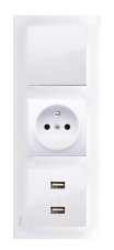 Zásuvkový blok nástěnný 1x 250V/16A s vypínačem a 2x USB nabíječkou A+C pro svislou instalaci v bílé barvě