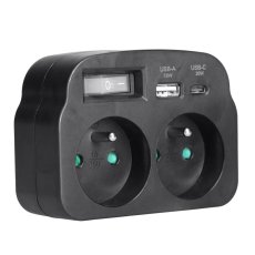 Zásuvková rozdvojka 2× 230 V + nabíječka USB-A + USB-C PD 20 W s vypínačem, černá