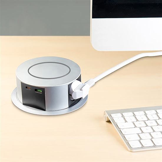 Výsuvný blok zásuvek, 3x zásuvka 230V, USB rychlonabíjení A+C 20W Power Delivery, bezdrátová nabíječka 10W Qi, kabel 2m, barva stříbrná