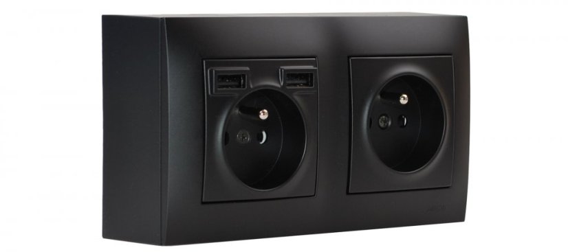 Zásuvkový blok nástěnný 2x 250V/16A s clonkami + 2x USB nabíječka, bez kabelu, černá matná