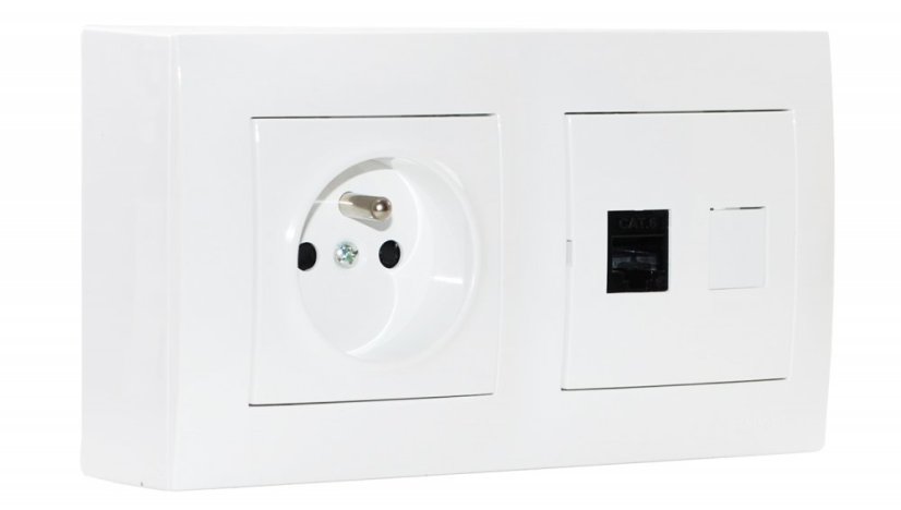 Zásuvkový blok nástěnný 1x 250V/16A, 1x RJ45, bez kabelu, barva bílá lesklá