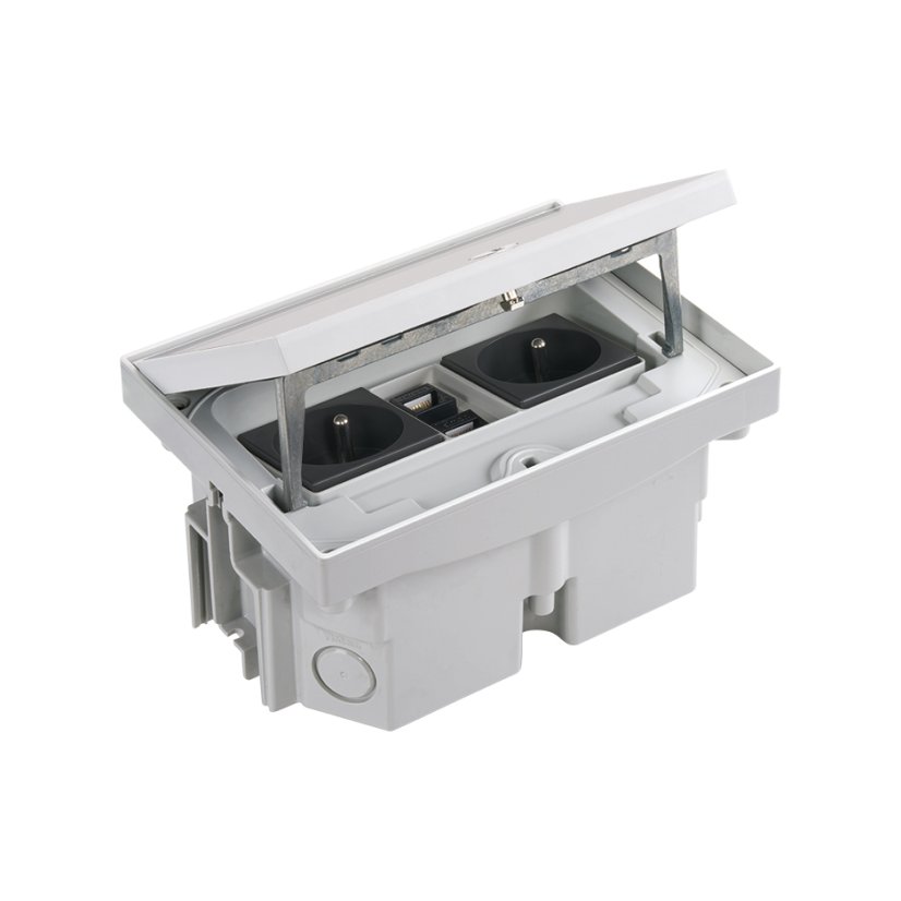 Robustní podlahová zásuvka 2x 250V/16A + 2x RJ45 cat. 6, jednoduchý zámek, krytí IP66, pro lité podlahy, barva šedá matná