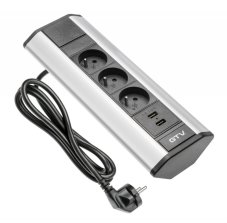 Rohový zásuvkový blok 3x230V,  2xUSB 2.1A 5V, stříbrno-černý, kabel 1.5m