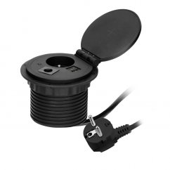 Zápustná zásuvka Ø8cm do dosky stola s indukčnou nabíjačkou, 1x 230V, 2x USB A/C nabíjací, káblová priechodka a kábel 1.8m, farba čierna