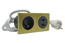 Zásuvkový blok zapuštěný ve zlaté barvě, 1x zásuvka 230V + 2x USB-A nabíječka, kabel 1.5m