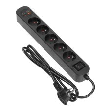 Přepěťová zásuvková lišta 5×230 V, USB-A + USB-C 20 W, 1,5 m, plochá vidlice, černá