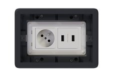 Podlahová zásuvka SF 187x132 mm, 1x 250V/16A + 1x USB A+C, barva boxu šedá, pro zvýšené podlahy, vyplnění víka materiálem podlahy