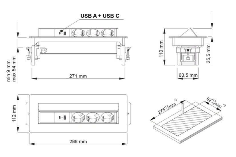Výklopná zásuvka FLIX BOX,  3x 230 V,  1x USB-A + 1x USB-C, kabel 1,5m, černá