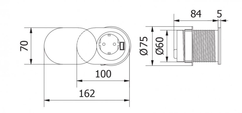 Vestavný zásuvkový blok s posuvným víkem, 1x 230V + USB-A nabíječka 5V (12W), kabel 1.9 m, barva stříbrná