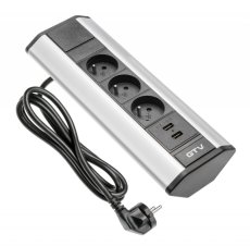 Rohový zásuvkový blok 3x230V,  2xUSB 2.1A 5V, stříbrno-černý, kabel 1.5m