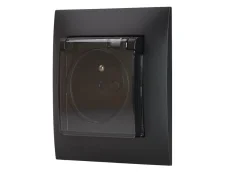 Zásuvka pod omietku 1x 250V / 16A s viečkom a manžetou, krytie IP44, rámik v čiernej farbe + priehľadná krytka