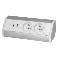 Rohový zásuvkový blok, 2x zásuvka 230V + 2x USB nabíječka A+C 5V, bílo-stříbrná barva