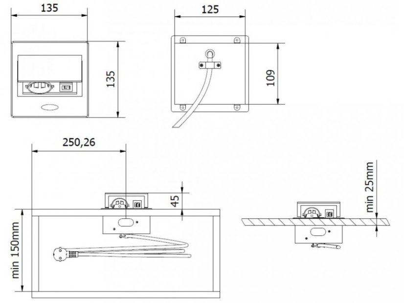 Výklopný blok AVARO, 1x zásuvka 230V, 2x USB-A+C nabíječka, kabel 1.5m, barva černá
