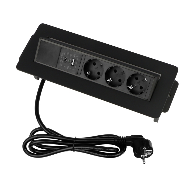 Výklopná zásuvka FLIX BOX,  3x 230 V,  1x USB-A + 1x USB-C, kabel 1,5m, černá