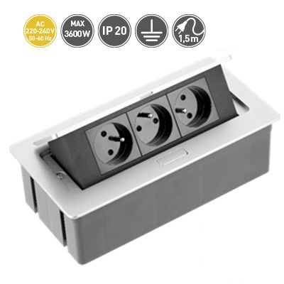 Výklopný blok zapuštěný,  3x zásuvka, barva stříbrná (hliník), kabel o délce 1.5m