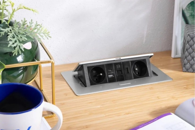 Výklopná zásuvka MULTISOFT, 2x 230V,  USB A/C nabíječka, RJ45, HDMI, barva stříbrná, kabel o délce 1.5m