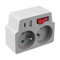 Elektrická rozbočka s vypínačem, 2 zásuvky, USB-A + USB-C nabíječka, bílo-šedá