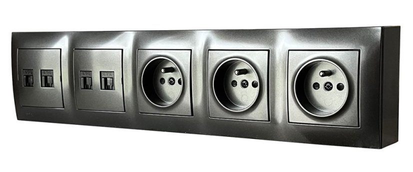 Zásuvkový blok nástěnný 3x 250V/16A + 4x RJ45 cat.6, bez kabelu, barva antracitová metalíza