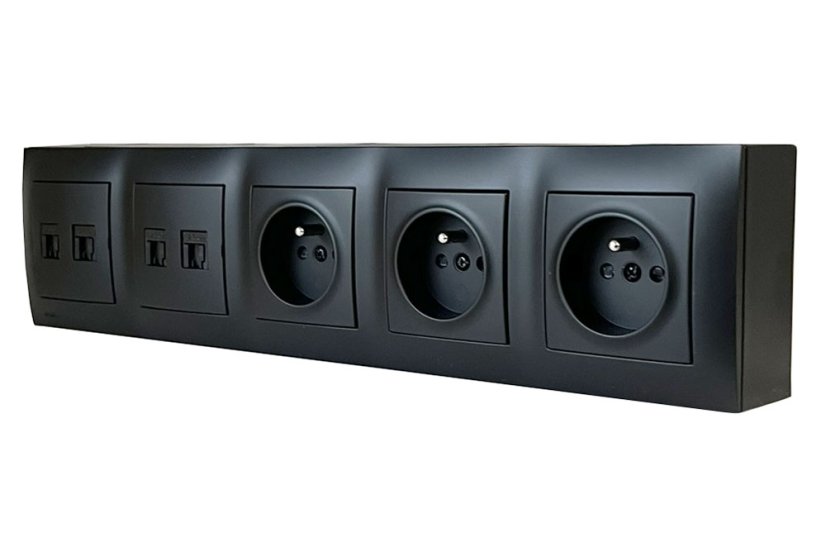 Zásuvkový blok nástenný 3x 250V/16A + 4x RJ45 cat.6, bez kábla, farba čierna matná