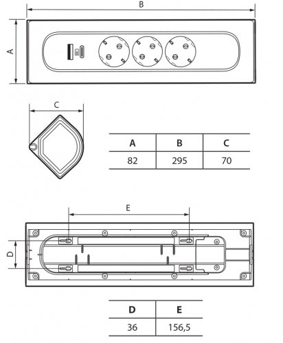 Rohový prodlužovací přívod, 3x zásuvka 230V, 2x USB nabíječka A+C, bez kabelu, barva bílá - hliník