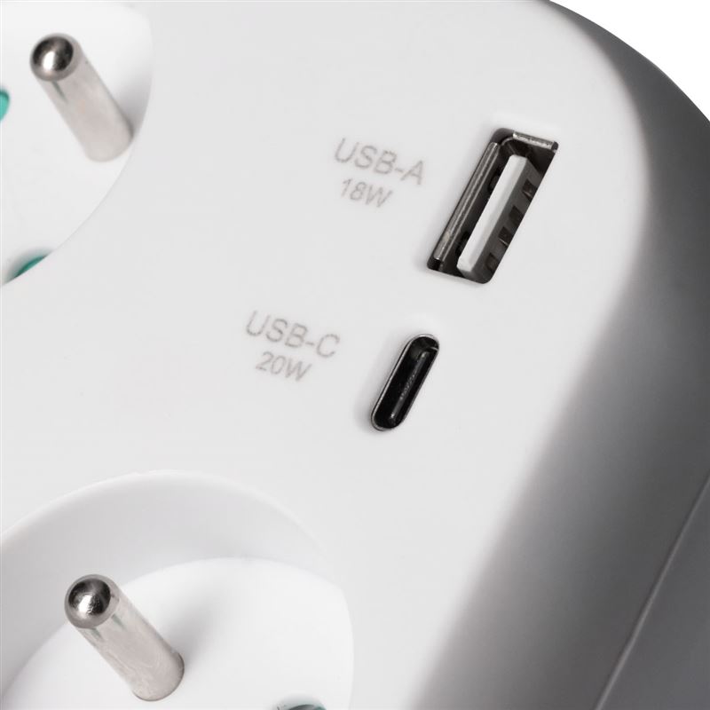 Rozbočka do zásuvky 3x 16A, USB A+C s rychlonabíječou 20W PD, bílá