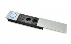 Zásuvkový blok 2 x 250V schuko, 1x USB 2.0, 1x USB 3.0, 1x HDMI, 1x RJ45, indukčná nabíjačka, kábel 1.5m, strieborná farba