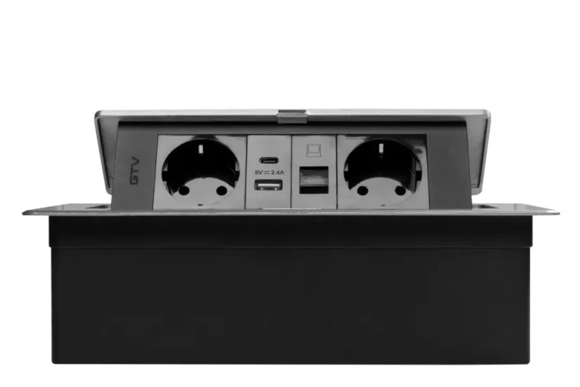 Výklopná zásuvka MULTISOFT, 2x 230V schuko,  USB A/C nabíječka, RJ45, barva stříbrná, kabel o délce 1.5m