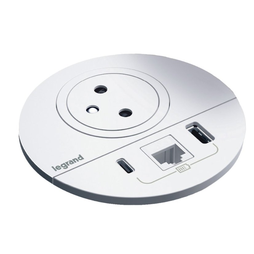 Zapuštěná zásuvka INCARA Disq 80, 1x 250V Surface, 1x USB A+C nabíječka, 1x port RJ45 cat.6, kabel 2m, barva bílá