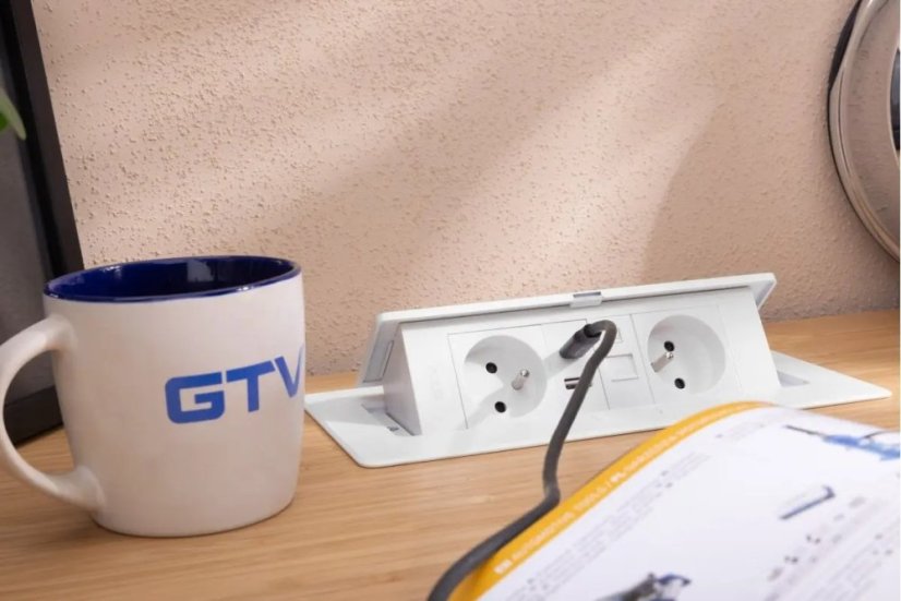 Výklopná zásuvka MULTISOFT, 2x 230V,  USB A/C nabíječka, RJ45, barva bílá, kabel o délce 1.5m