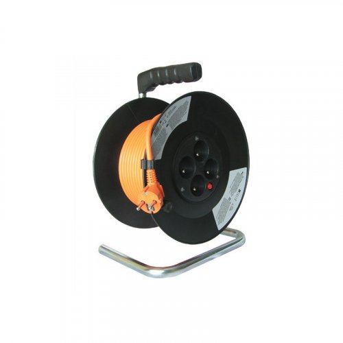 Prodlužovací přívod na bubnu,4 zásuvky, oranžový kabel, černý buben, 20m