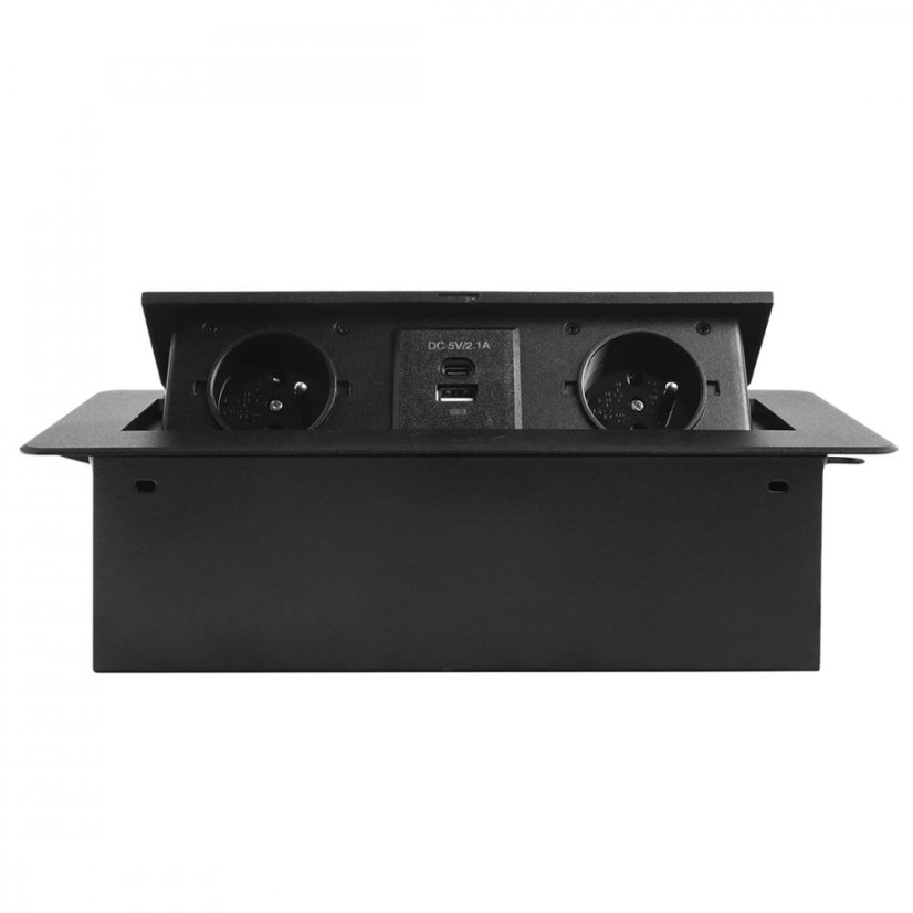 Zásuvka výklopná 2 x 230V + 2x USB A+C nabíječkou 5V, IP20, max. příkon 3680W, délka kabelu 1.5 m, barva černá