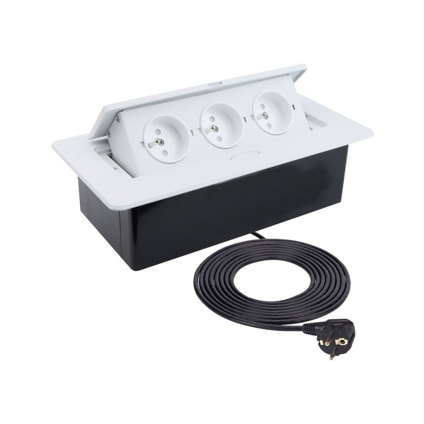 Výklopný blok zásuvek, 3x 230V / 16A, zaoblené hrany, kabel 1.5m, barva bílá